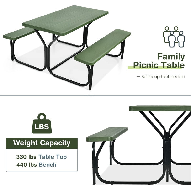 HDPE Picnic Table Bench Set Outdoor Camping Table All-Weather Metal Base Wood-Like Texture with 2 Built-in Benches