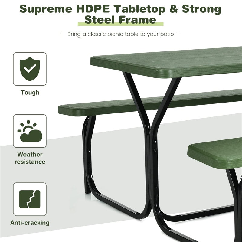 HDPE Picnic Table Bench Set Outdoor Camping Table All-Weather Metal Base Wood-Like Texture with 2 Built-in Benches