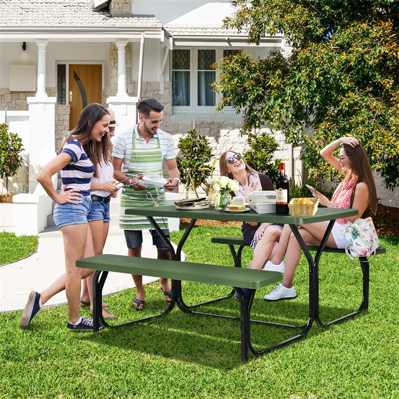 HDPE Picnic Table Bench Set Outdoor Camping Table All-Weather Metal Base Wood-Like Texture with 2 Built-in Benches