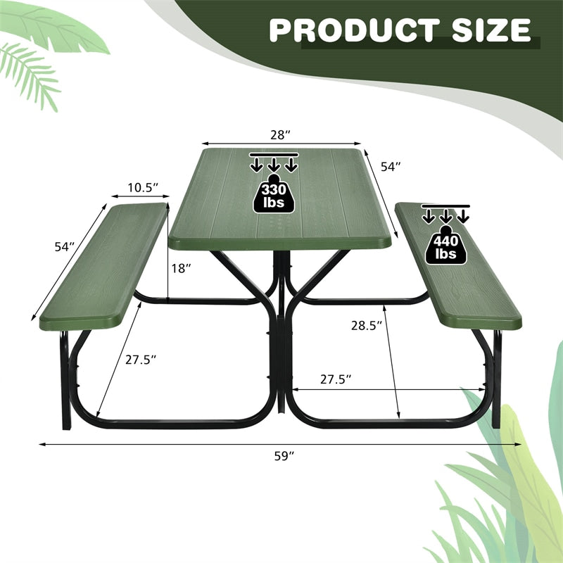 HDPE Picnic Table Bench Set Outdoor Camping Table All-Weather Metal Base Wood-Like Texture with 2 Built-in Benches