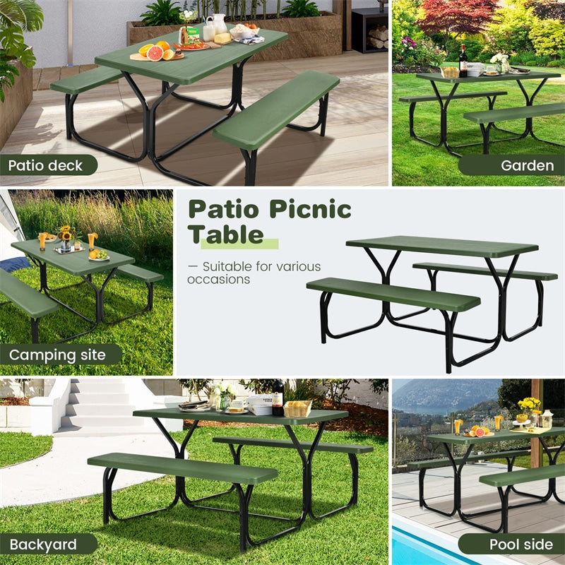 HDPE Picnic Table Bench Set Outdoor Camping Table All-Weather Metal Base Wood-Like Texture with 2 Built-in Benches