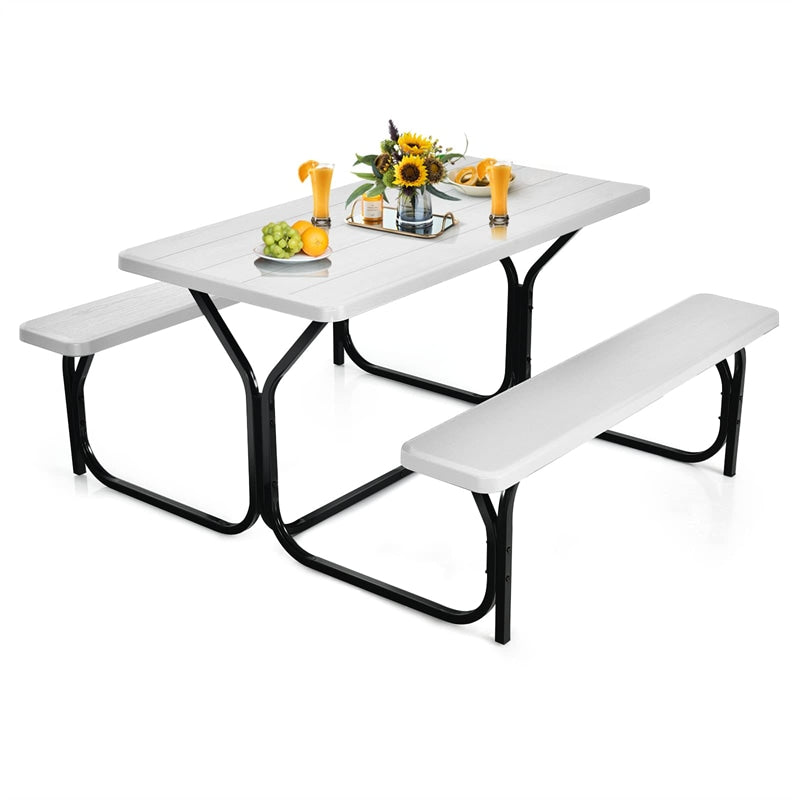 HDPE Picnic Table Bench Set Outdoor Camping Table All-Weather Metal Base Wood-Like Texture with 2 Built-in Benches