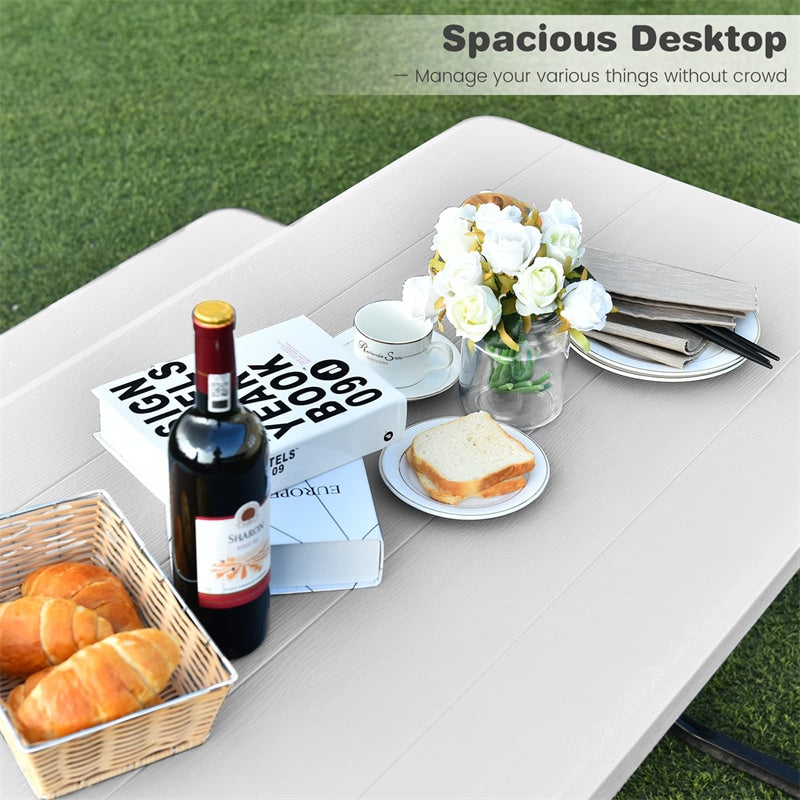 HDPE Picnic Table Bench Set Outdoor Camping Table All-Weather Metal Base Wood-Like Texture with 2 Built-in Benches