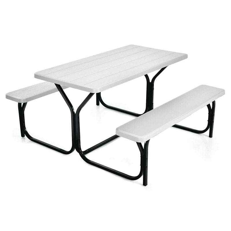 HDPE Picnic Table Bench Set Outdoor Camping Table All-Weather Metal Base Wood-Like Texture with 2 Built-in Benches