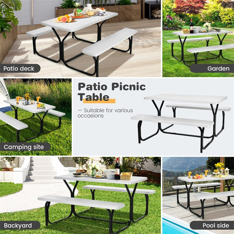 HDPE Picnic Table Bench Set Outdoor Camping Table All-Weather Metal Base Wood-Like Texture with 2 Built-in Benches