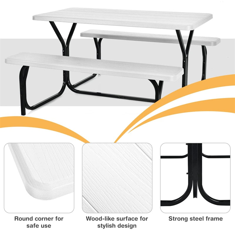 HDPE Picnic Table Bench Set Outdoor Camping Table All-Weather Metal Base Wood-Like Texture with 2 Built-in Benches