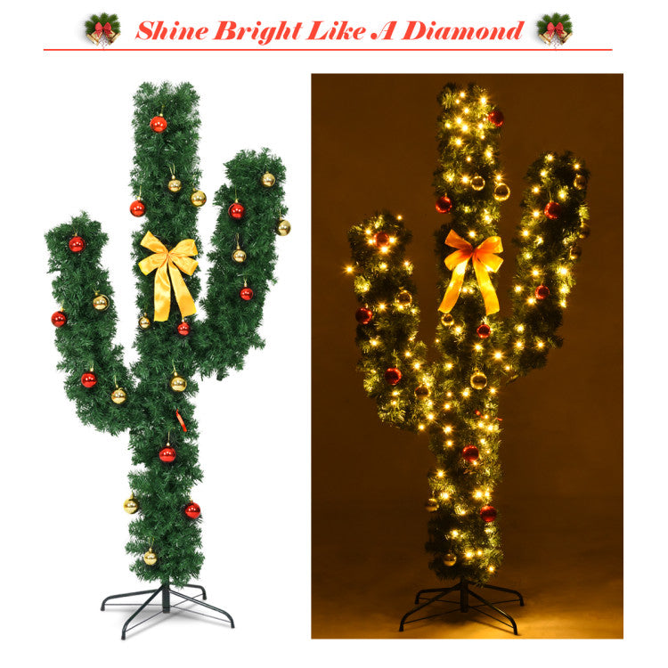 5/6/7 Feet Artificial Cactus PVC Christmas Tree with 160 LED Lights and Ball