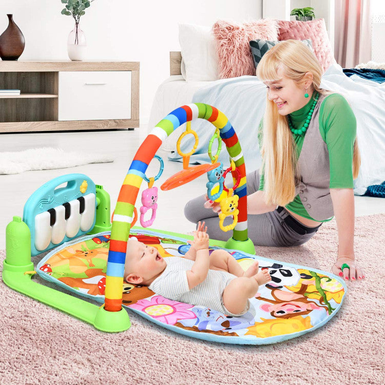 Baby Gym Activity Play Mat with Adjustable Piano and Hanging Toys