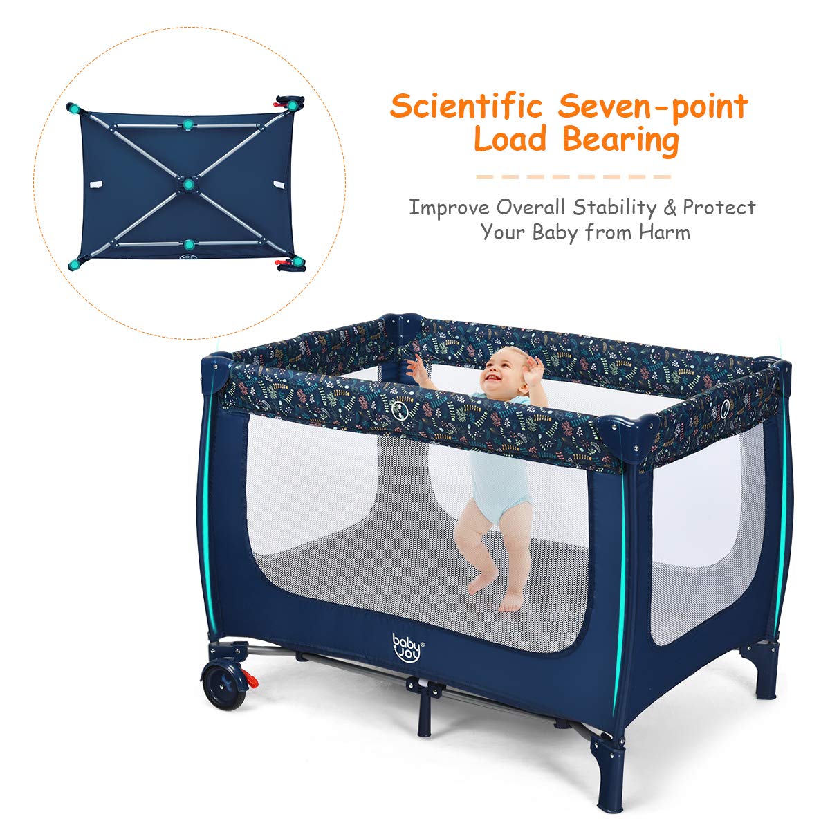 Portable and Folding Baby Playpen with Mattress and Lockable Wheels