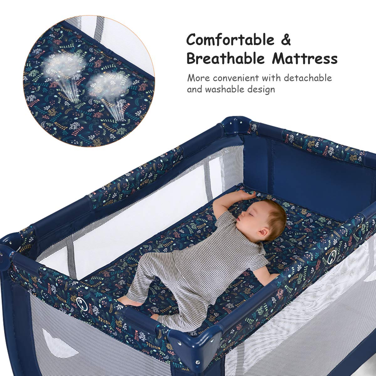 Portable and Folding Baby Playpen with Mattress and Lockable Wheels