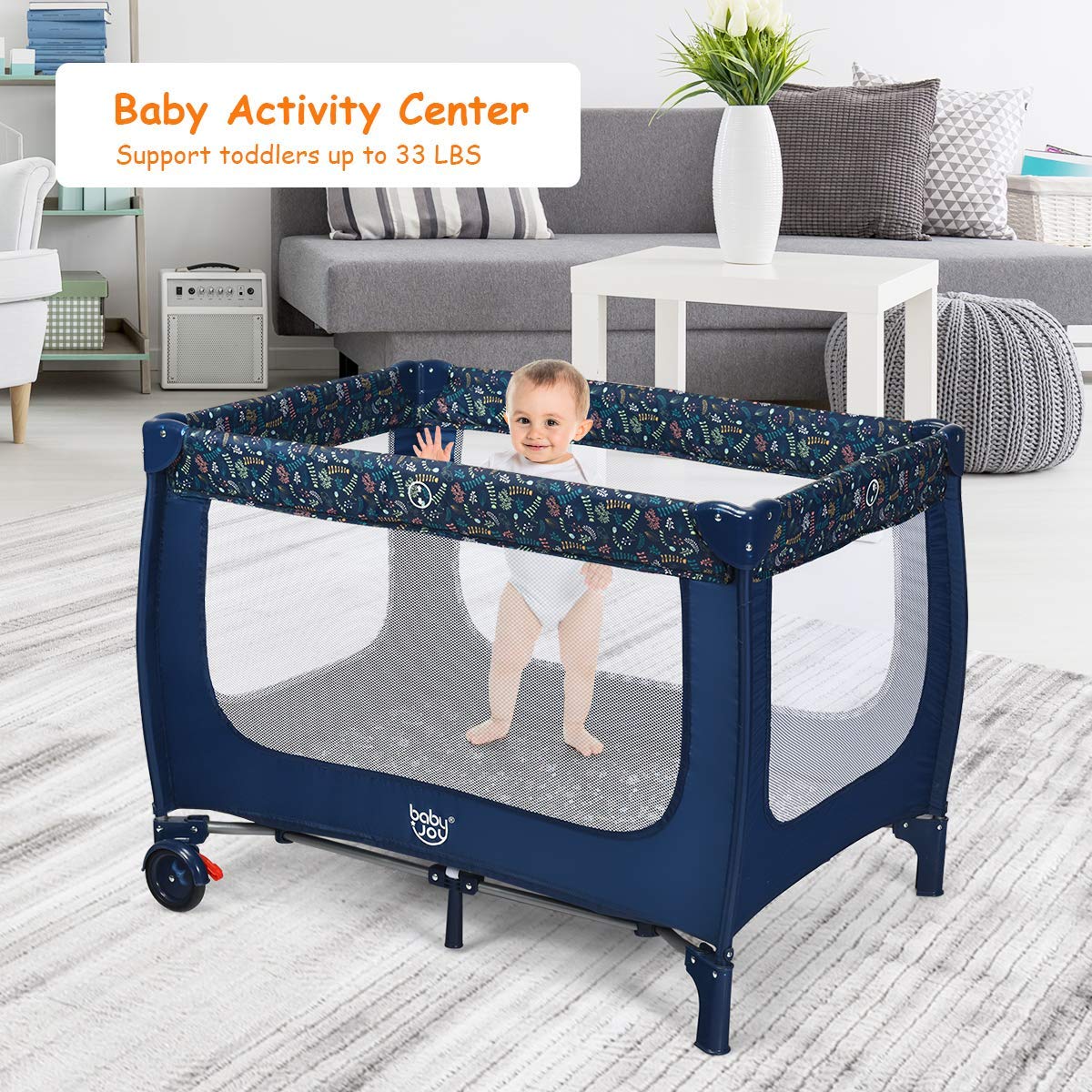 Portable and Folding Baby Playpen with Mattress and Lockable Wheels