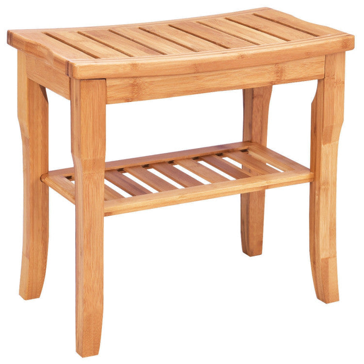 Bathroom Bamboo Seat Shower Chair Bench with Storage Shelf