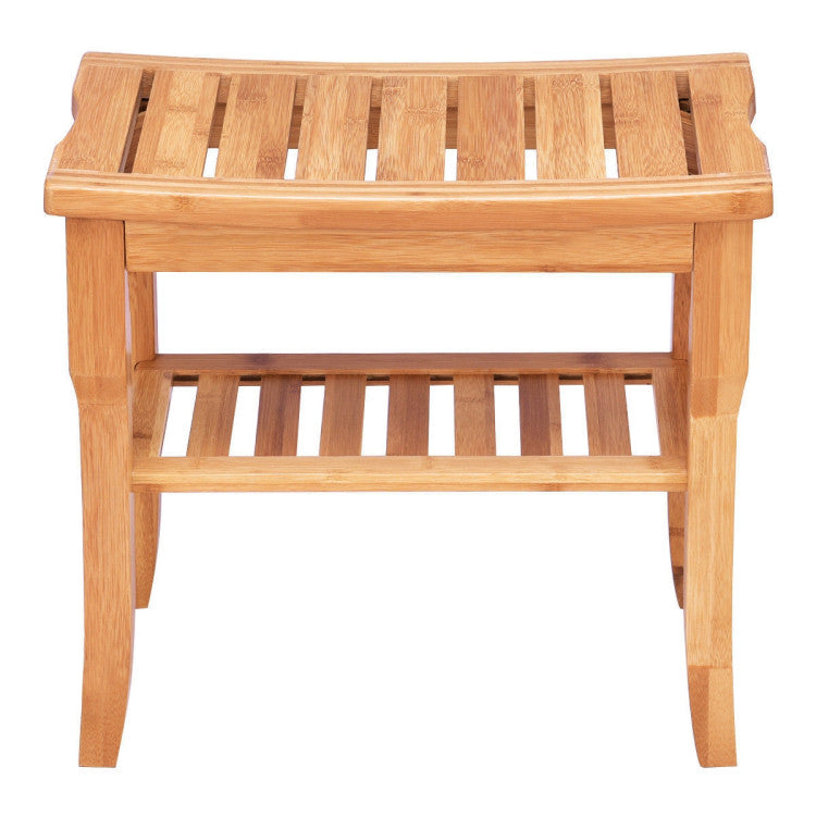 Bathroom Bamboo Seat Shower Chair Bench with Storage Shelf