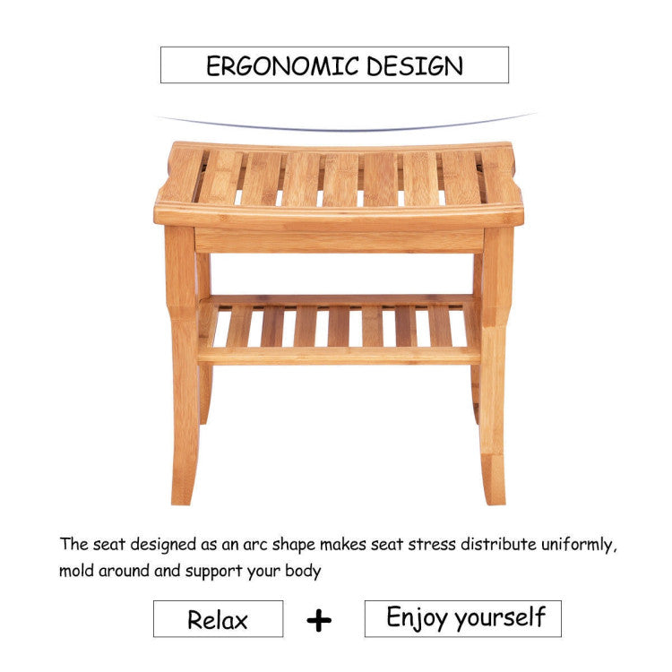 Bathroom Bamboo Seat Shower Chair Bench with Storage Shelf