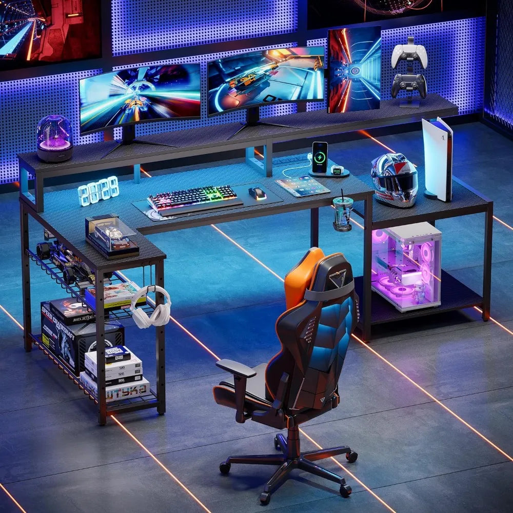 71.5" Gaming Desk with Power Outlets & LED | L-Shaped Desk with Monitor Stand & Storage - ElitePlayPro