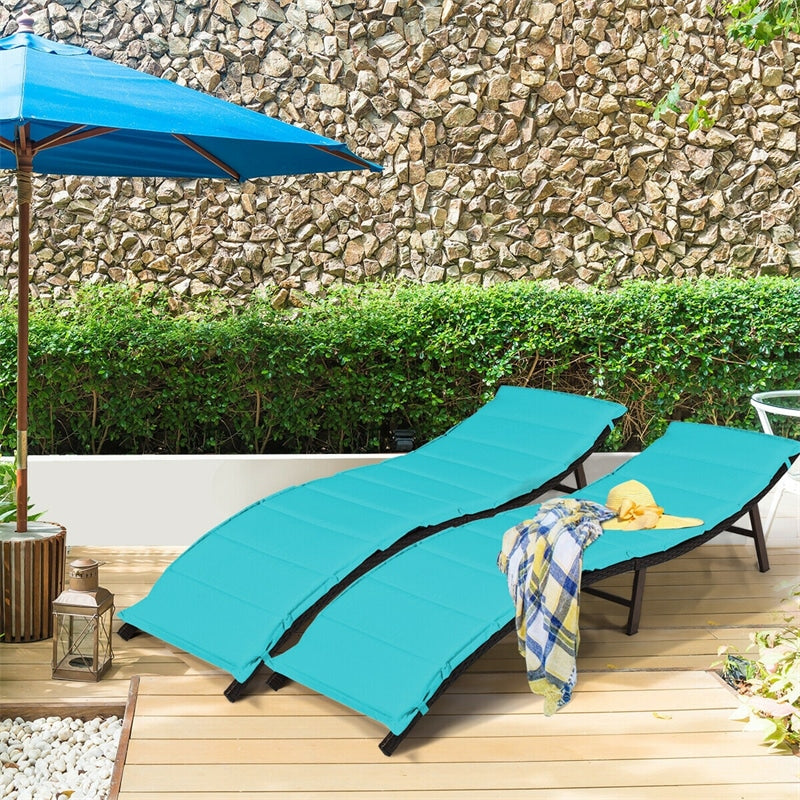 2Pcs Rattan Folding Patio Lounger Chair with Double Sided Cushions