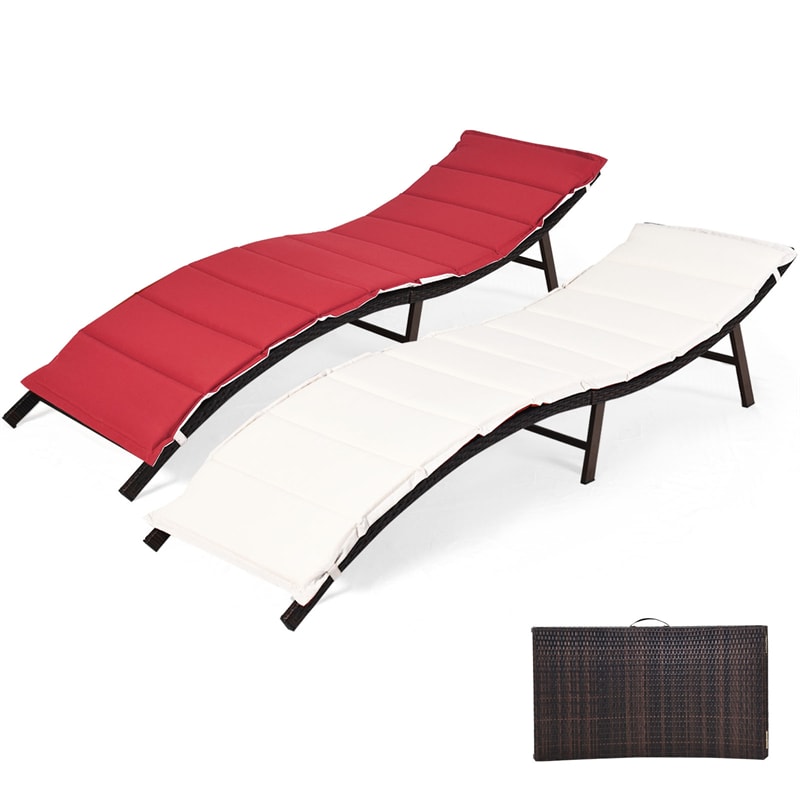 2Pcs Rattan Folding Patio Lounger Chair with Double Sided Cushions