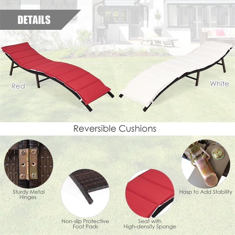 2Pcs Rattan Folding Patio Lounger Chair with Double Sided Cushions