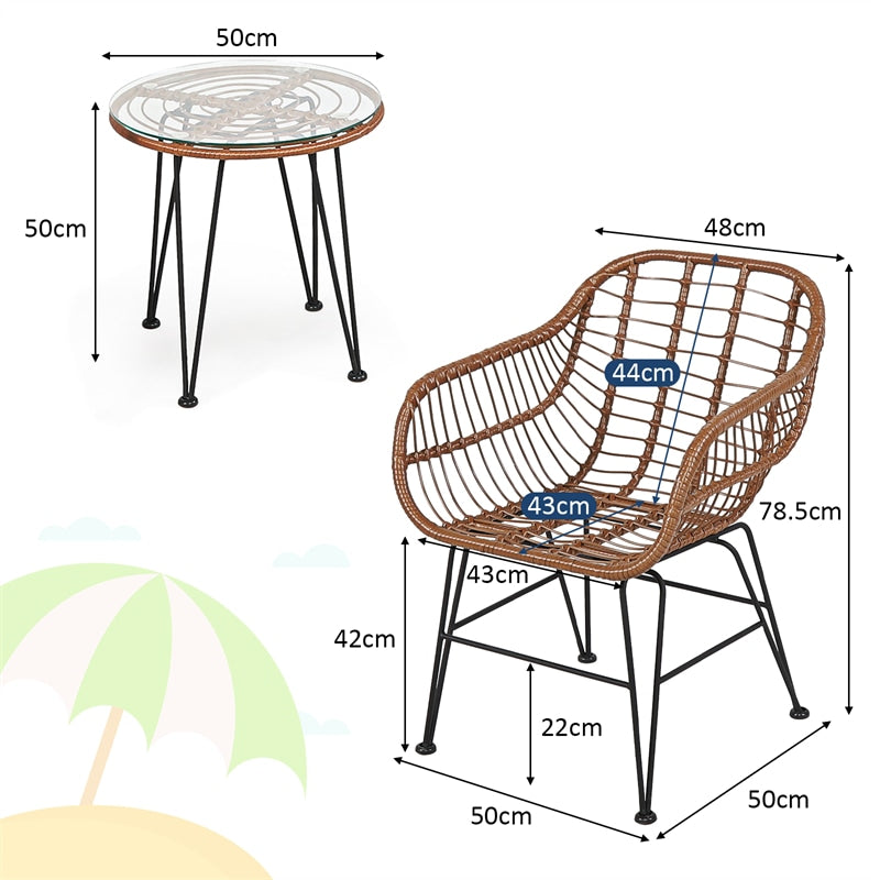 3 Pcs Patio Rattan Bistro Set Furniture Set with Tempered Glass Top Table & Cushions