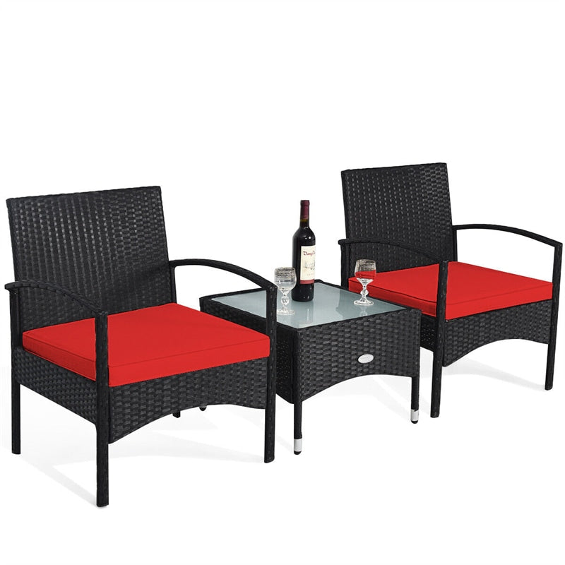 3 Pcs Patio Wicker Rattan Bistro Set Coffee Table & 2 Chairs with Cushions