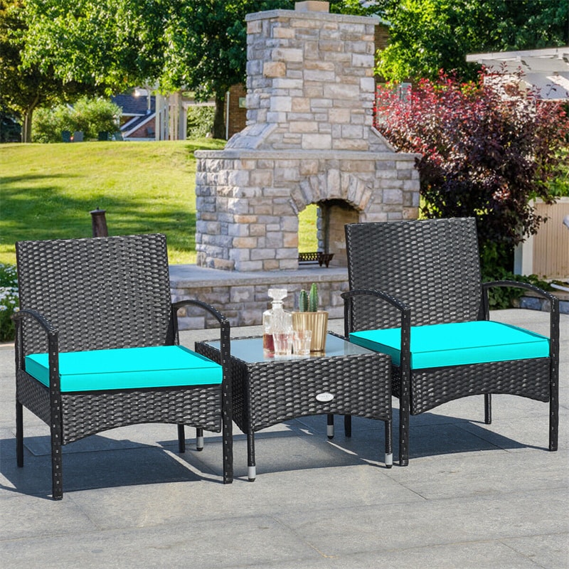 3 Pcs Patio Wicker Rattan Bistro Set Coffee Table & 2 Chairs with Cushions
