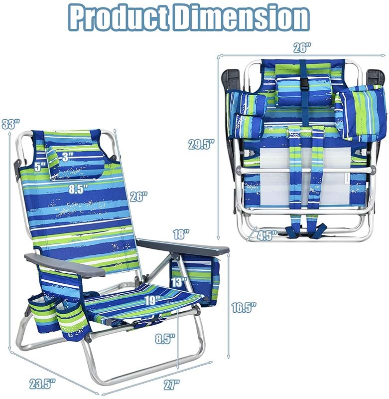 2 Pcs Folding Backpack Beach Chairs 5-Position Adjustable Outdoor Sling Camping Chairs with Cooler Bag & Cup Holder