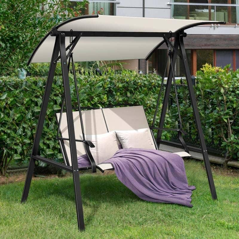 2 Person Porch Swing Outdoor Lounge Chair with Adjustable Top Canopy