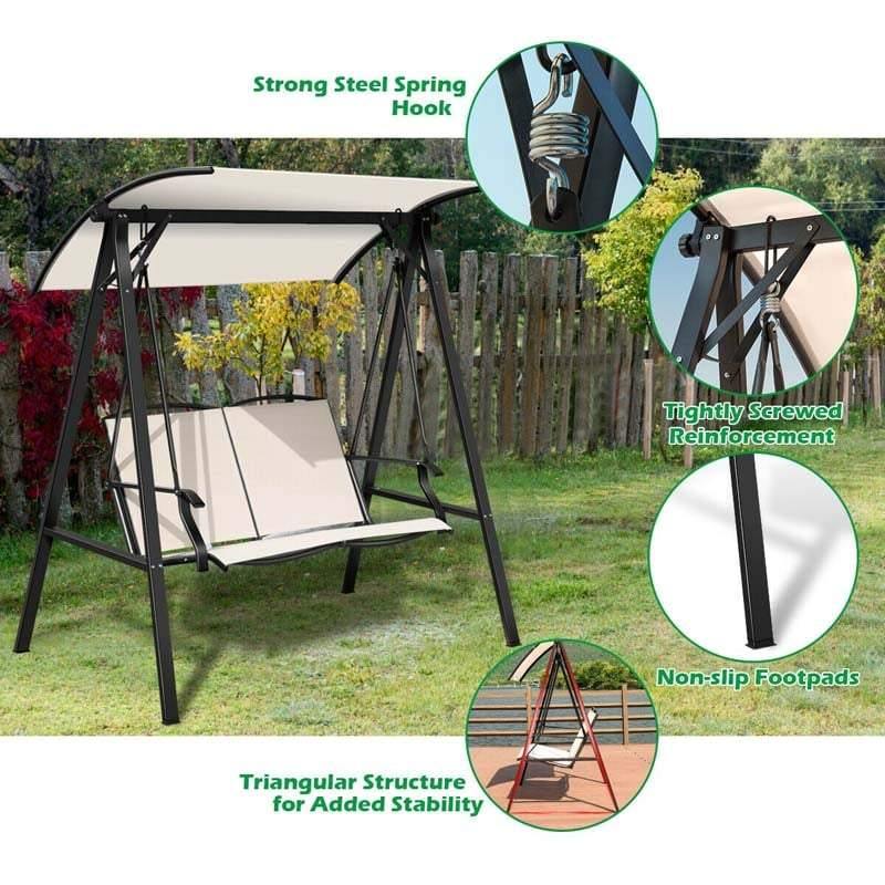 2 Person Porch Swing Outdoor Lounge Chair with Adjustable Top Canopy