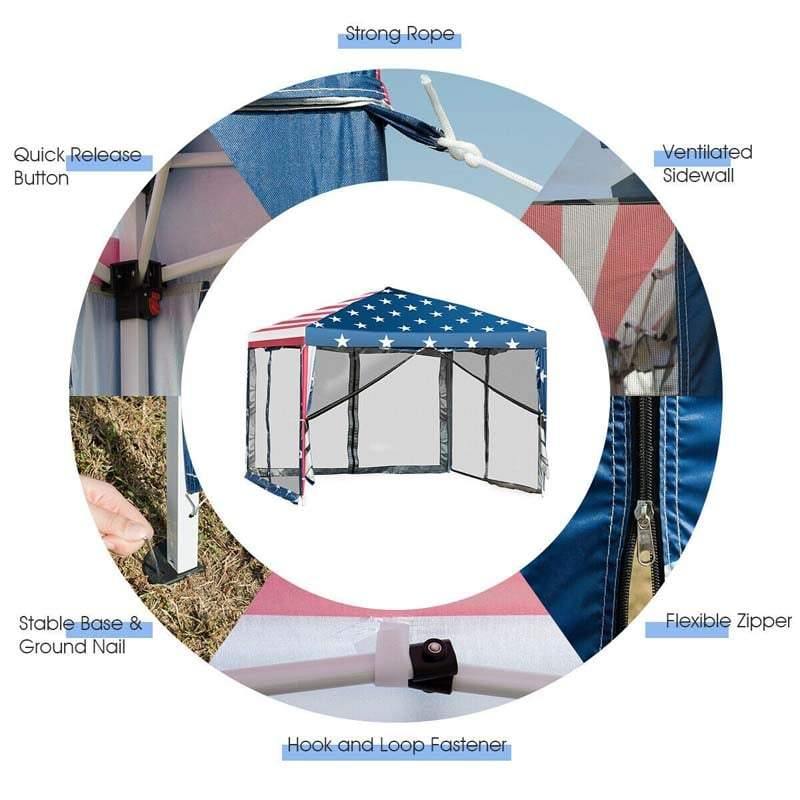 10’ x 10’ Pop-up Canopy Tent With Mesh Sidewalls Flag Style