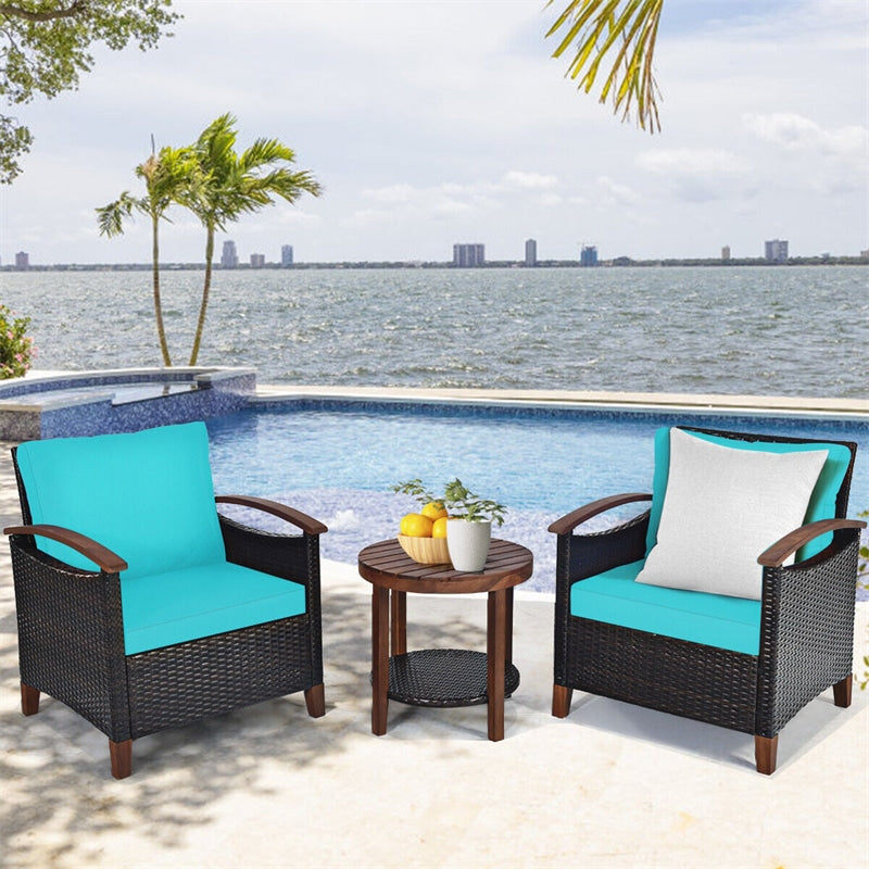 3 Pcs Wicker Patio Conversation Set Solid Acacia Wood Frame Outdoor Furniture Set with Round Side Table & Cushions