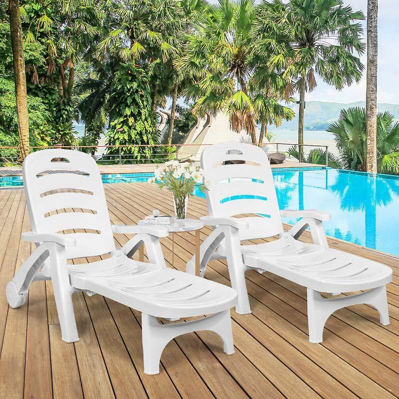 Folding Outdoor Chaise Lounge Chair 5 Position Adjustable Reclining Poolside Deck Lounger with Wheels