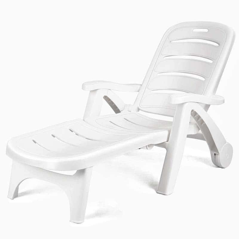 Folding Outdoor Chaise Lounge Chair 5 Position Adjustable Reclining Poolside Deck Lounger with Wheels