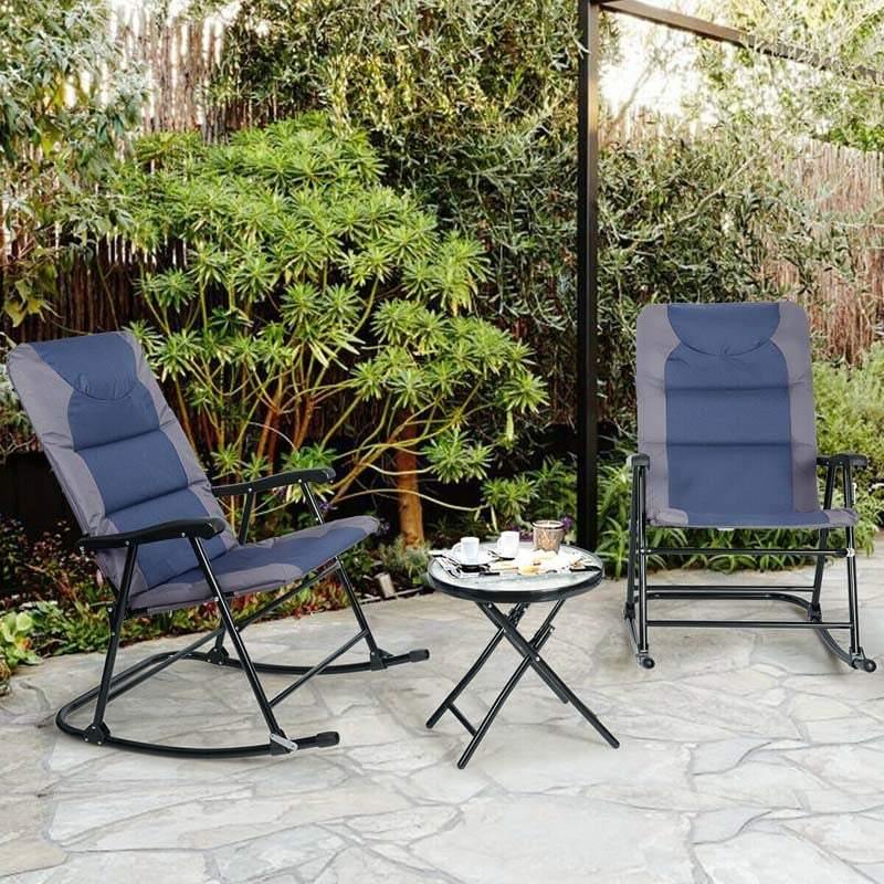 3 Pcs Outdoor Folding Rocking Chair & Table Set with Cushions