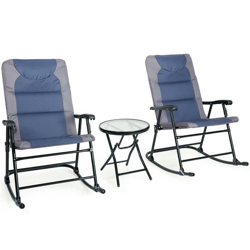 3 Pcs Outdoor Folding Rocking Chair & Table Set with Cushions