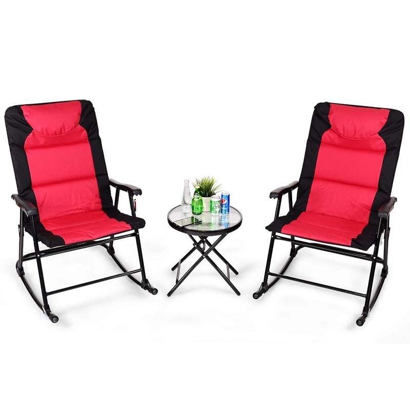 3 Pcs Outdoor Folding Rocking Chair & Table Set with Cushions