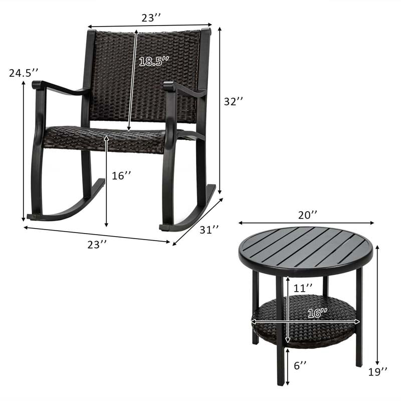 Wicker Patio Bistro Set with 2 Rocking Chairs & Coffee Table Storage Shelf