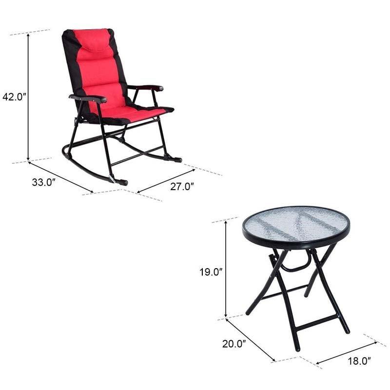 3 Pcs Outdoor Folding Rocking Chair & Table Set with Cushions