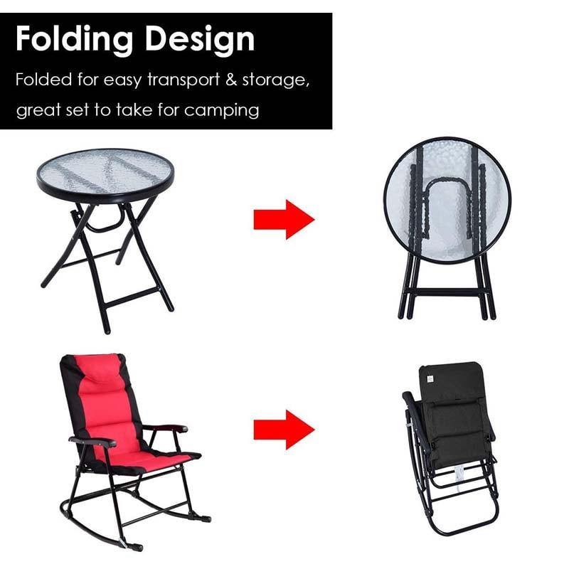 3 Pcs Outdoor Folding Rocking Chair & Table Set with Cushions