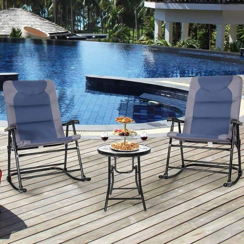 3 Pcs Outdoor Folding Rocking Chair & Table Set with Cushions