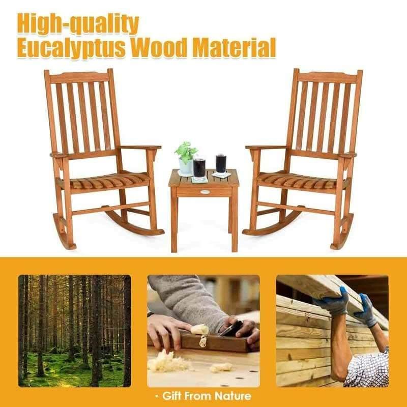 3-Piece Outdoor Rocking Chair Set Wood Patio Rocking Bistro Set with Coffee Table & 2 Rockers