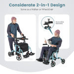 2 in 1 Rollator Walker Wheelchair Folding Medical Walker Rolling Transport Chair Mobility Walking