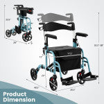 2 in 1 Rollator Walker Wheelchair Folding Medical Walker Rolling Transport Chair Mobility Walking