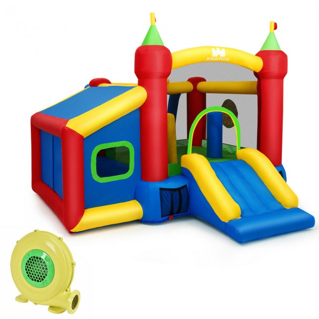 Kids Gift Inflatable Slide Bounce House Castle with 480W Blower and Basketball Hoop