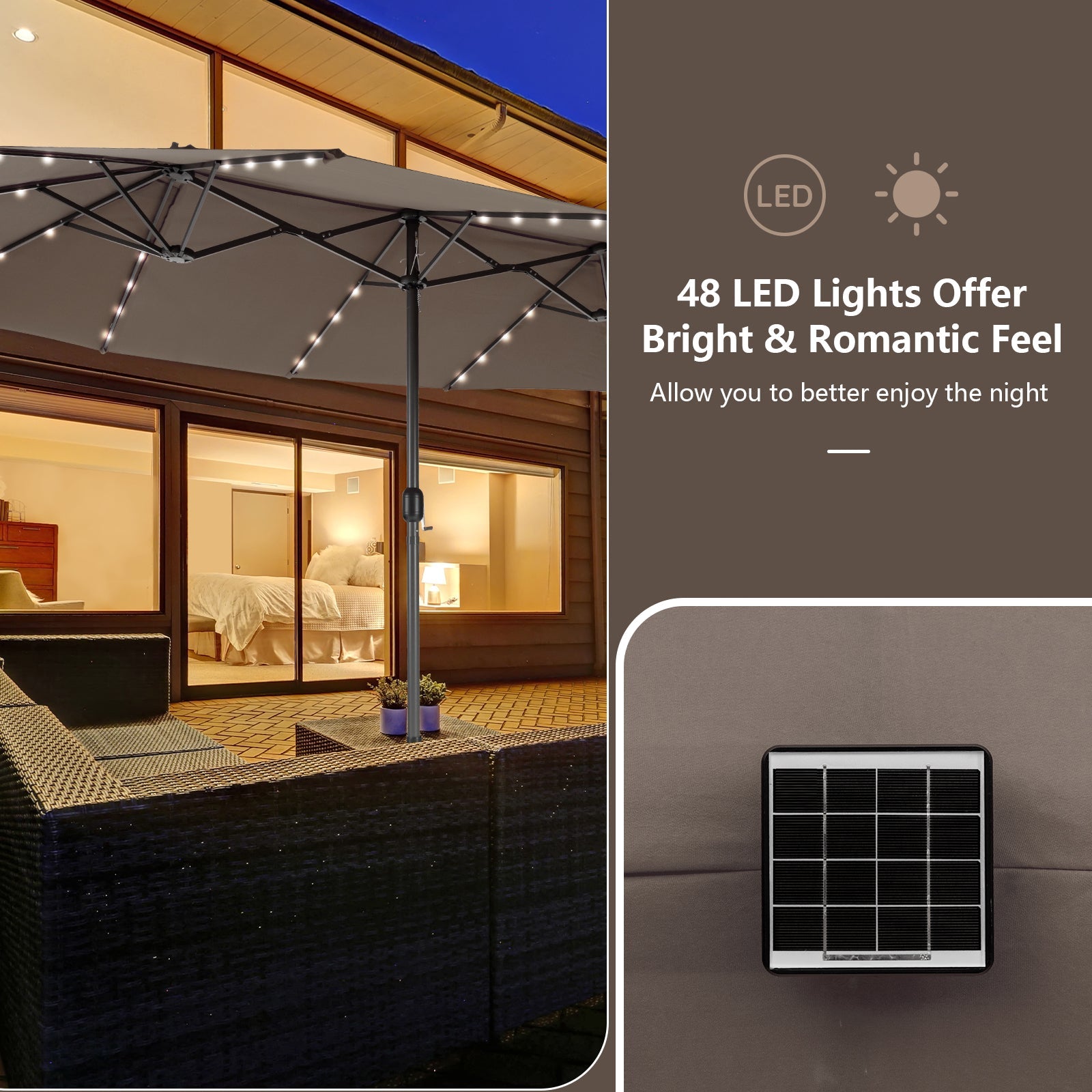 15 Feet Double-Sided Outdoor Patio Umbrella with 48 LED Lights