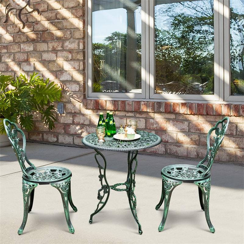 3-Piece Cast Aluminum Patio Bistro Set Rose Design Outdoor Furniture Set with Coffee Table