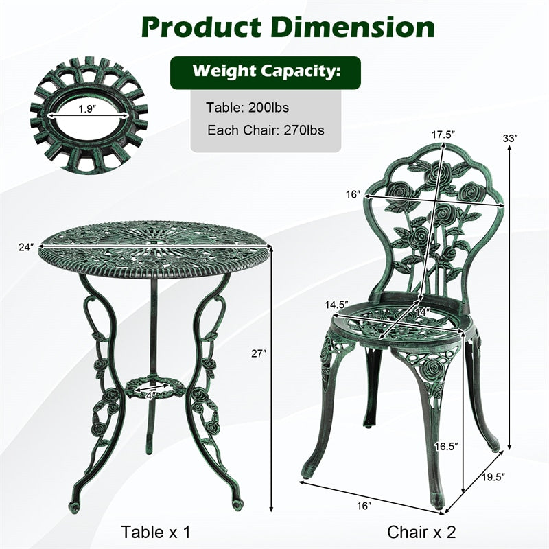 3-Piece Cast Aluminum Patio Bistro Set Rose Design Outdoor Furniture Set with Coffee Table