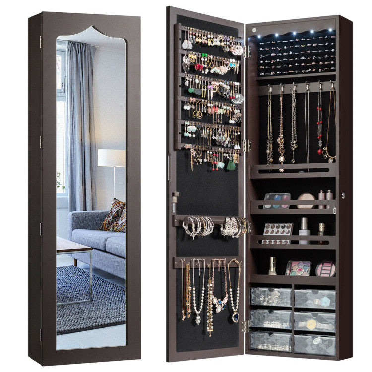 Door Hanging Mirror Jewelry Armoire with Full Length Mirror, 6 Drawers and LED Lights