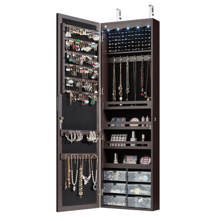 Door Hanging Mirror Jewelry Armoire with Full Length Mirror, 6 Drawers and LED Lights