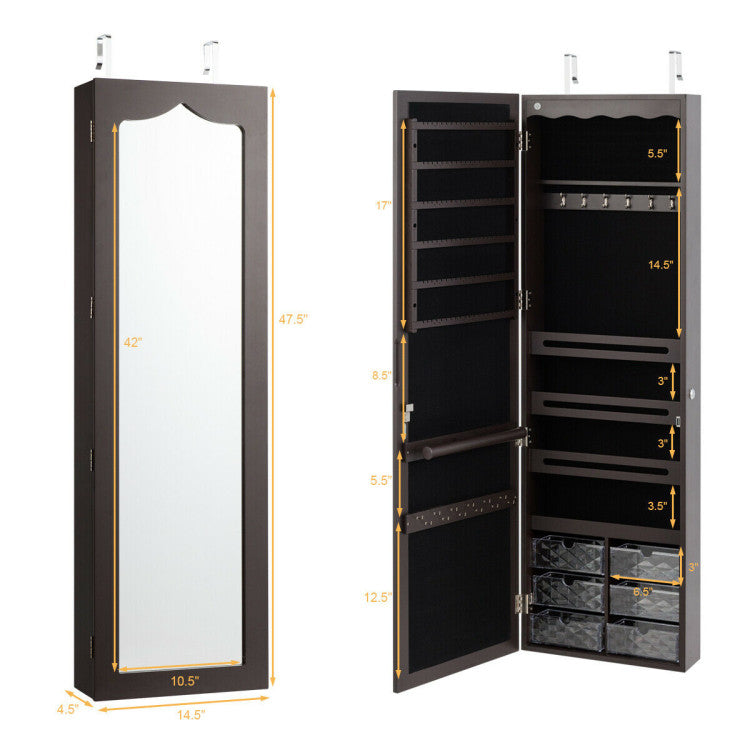 Door Hanging Mirror Jewelry Armoire with Full Length Mirror, 6 Drawers and LED Lights