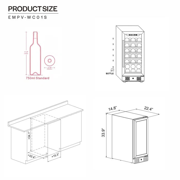 Empava 15" 31 Bottle Wine Cooler, EMPV-WC01S